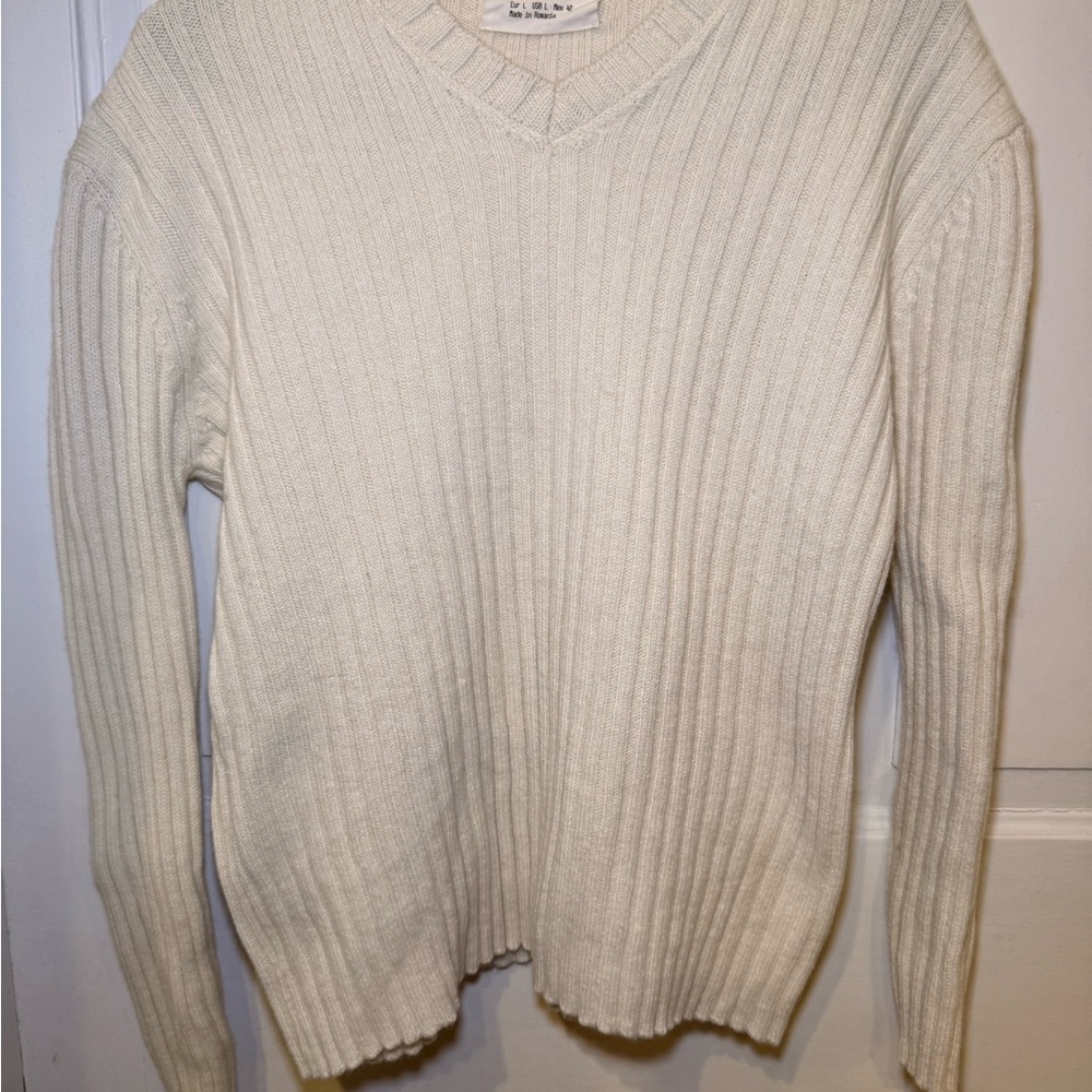 Basic capsule  Cream Long Sleeve Ribbed V-neck wool  sweater